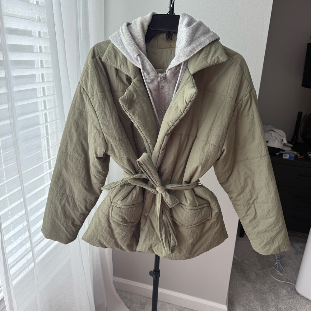 Blank NYC Khaki Utility Jacket with Gray Hoodie